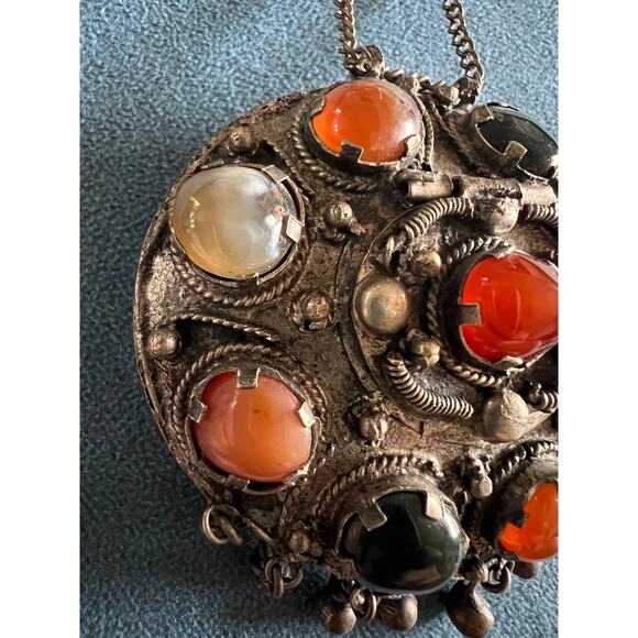 Tibetan Silver Amulet Necklace 27” – Carnelian Agate Bloodstone Locket Pendant - Picture 3 of 11